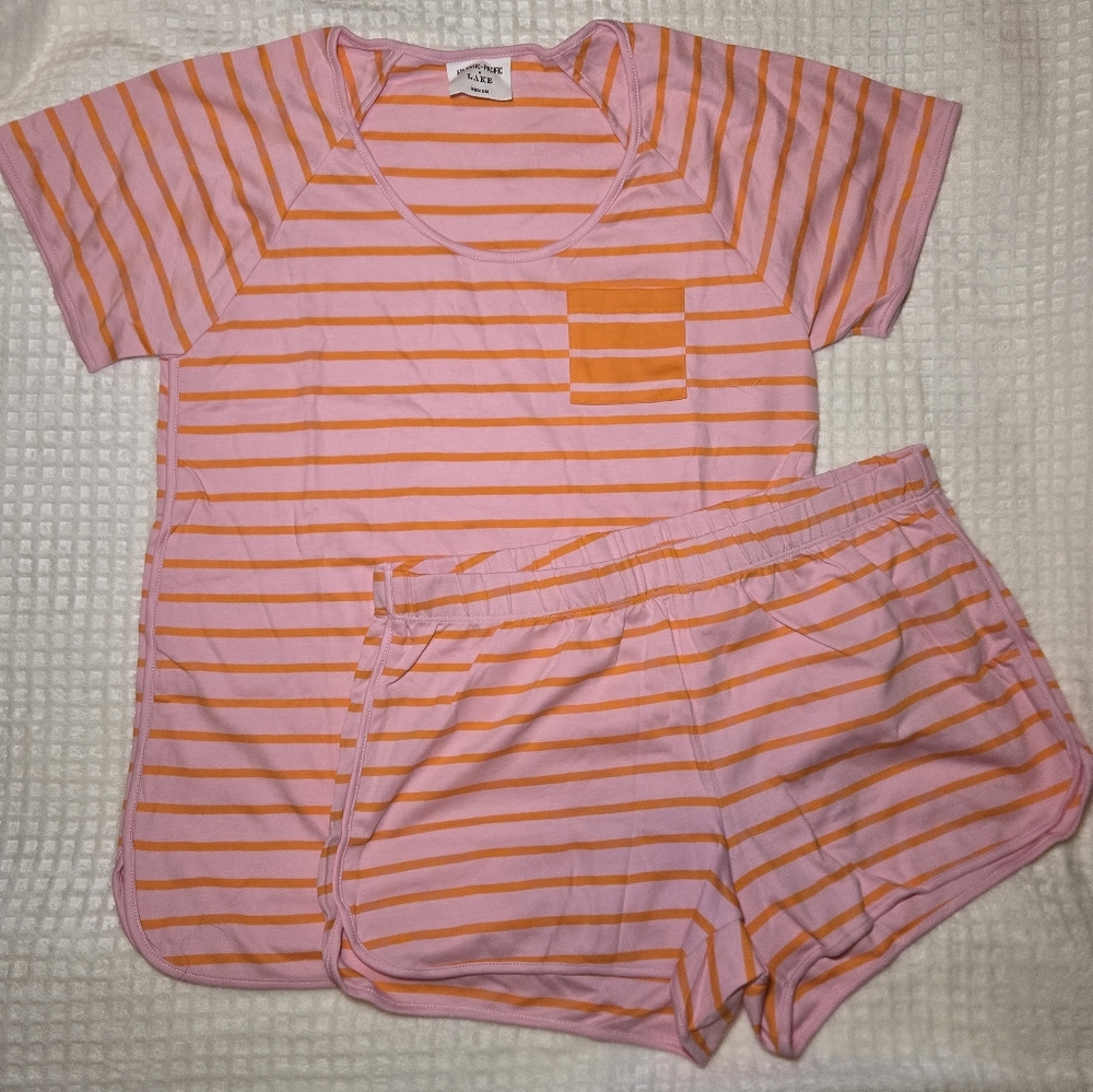 LAKE x Atlantic-Pacific Avery Short Pajama Set Pomelo Stripe Pink Orange Sz Med